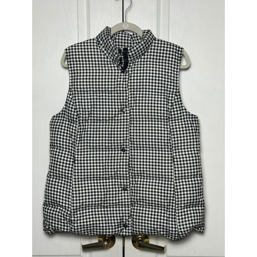 J. Jill Women's Black White Gingham Down Puffer Vest Snap Front Quilted Large